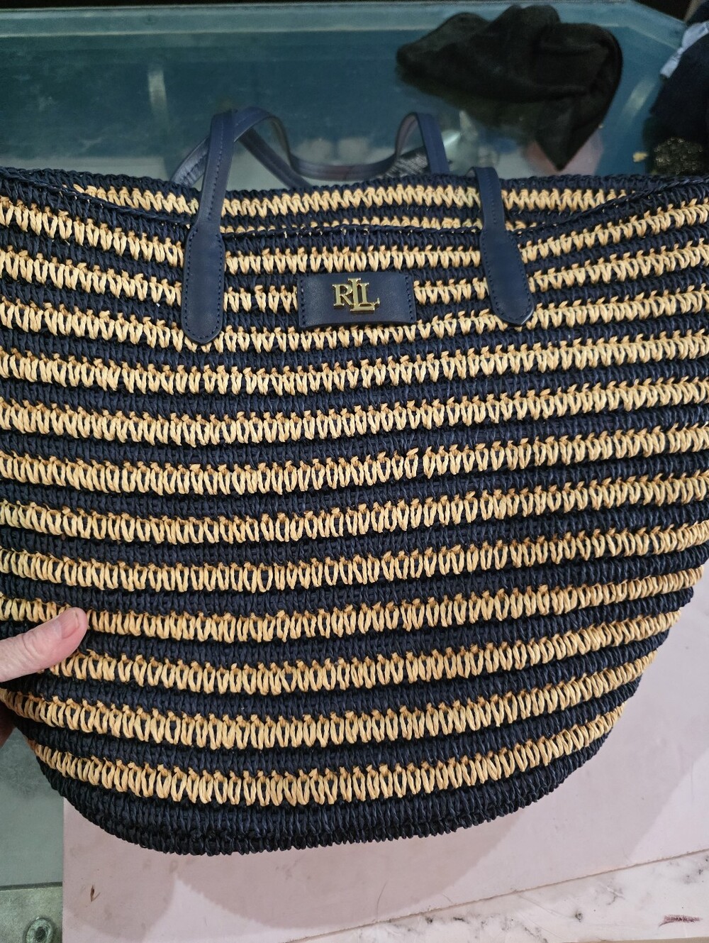 Ralph Lauren Navy and Natural Striped Straw Tote